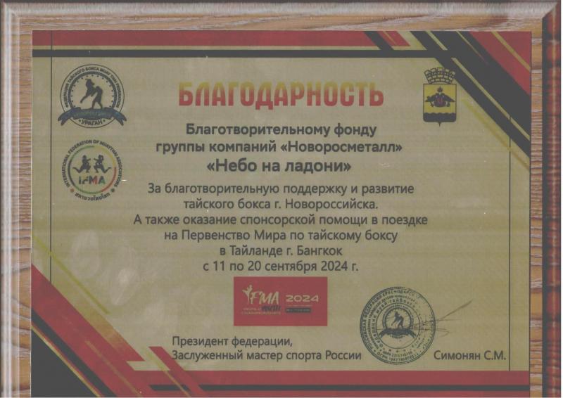 Благодарность от Президента Федерации по Тайскому боксу Симоняна С.М.